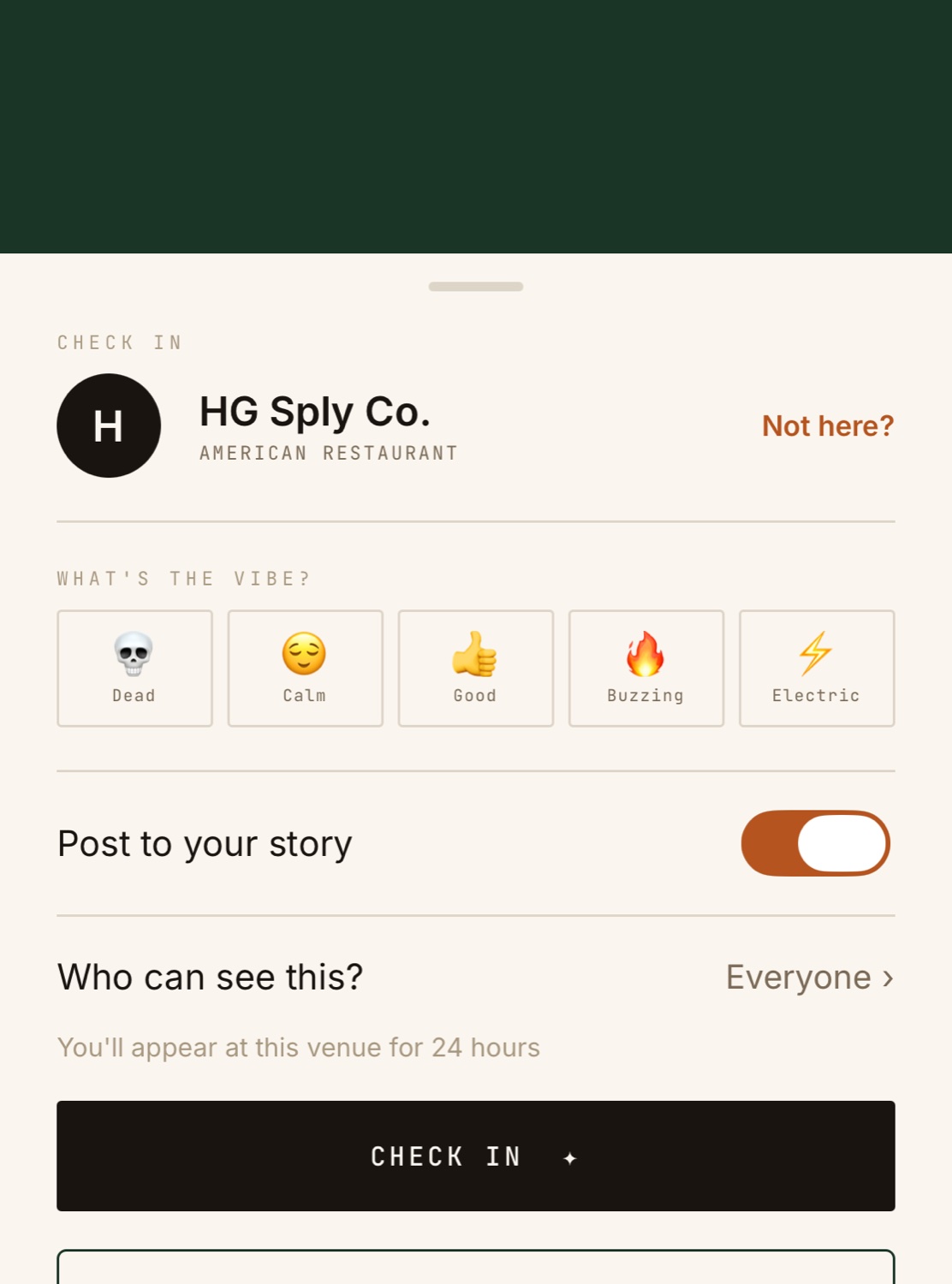 The check-in sheet for HG Sply Co.: vibe emoji from Dead to Electric, a post-to-story toggle, and a who-can-see-this control.