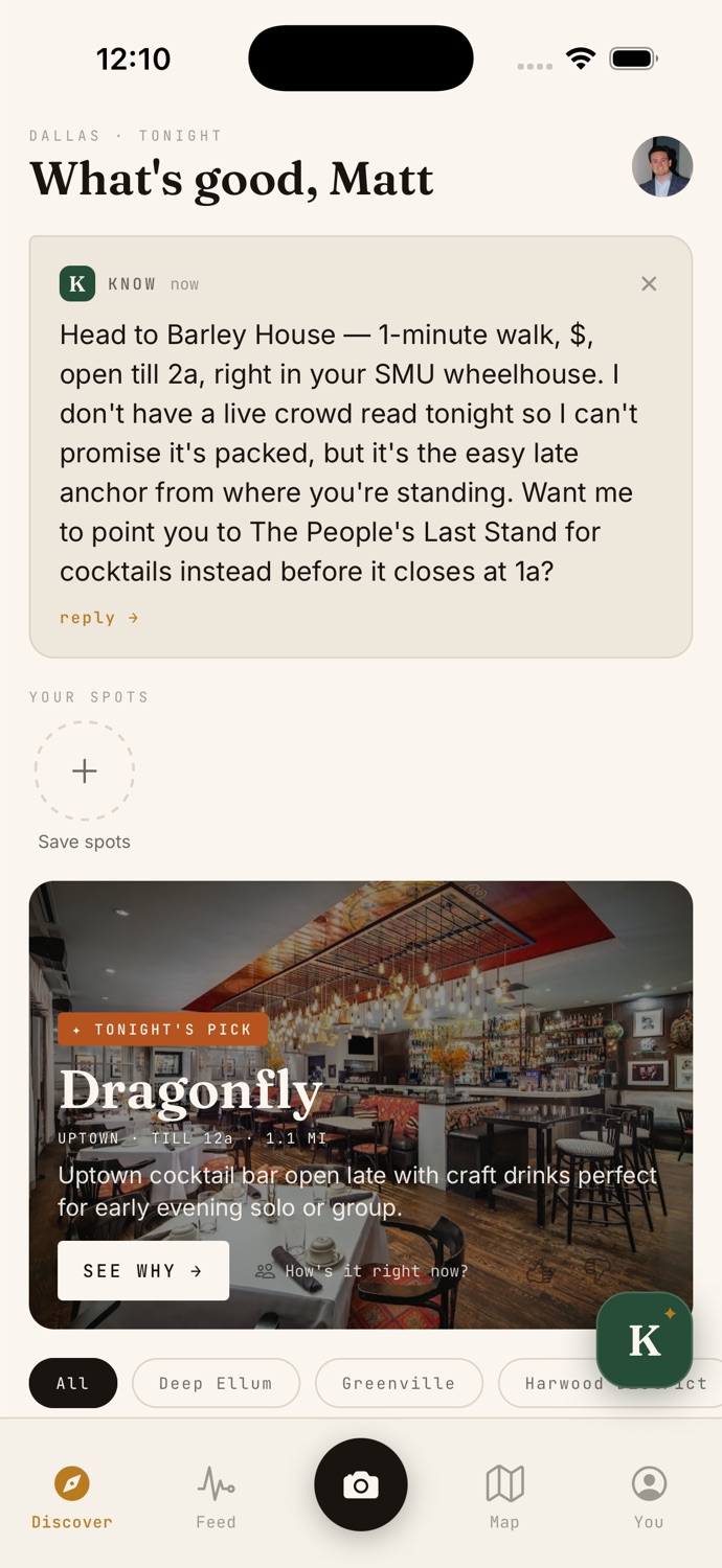 The KNOW home screen: the concierge recommends Barley House and admits it has no live crowd read tonight, with Tonight's Pick below.