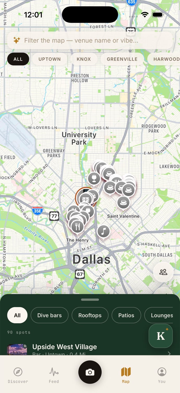 The KNOW map of Dallas with venue pins across Uptown, Knox and Deep Ellum, neighborhood and vibe filters, and 90 spots.