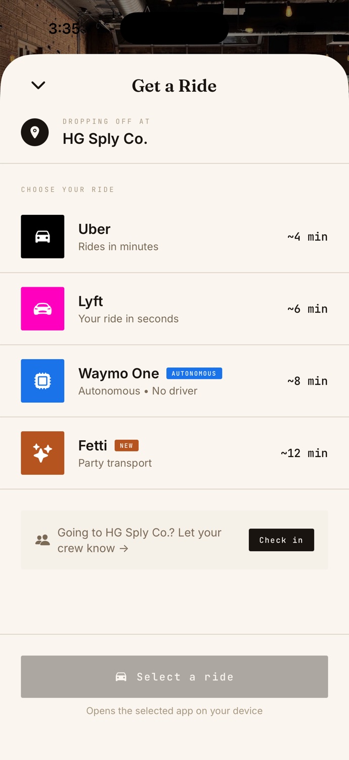 The Get a Ride sheet dropping off at HG Sply Co., comparing Uber, Lyft, Waymo One and Fetti by estimated wait.